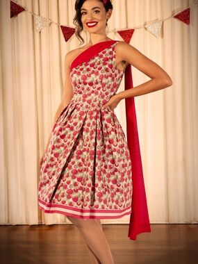 Kitten D’Amour Miss Strawberry Pageant one shoulder drape pinup rockabilly dress